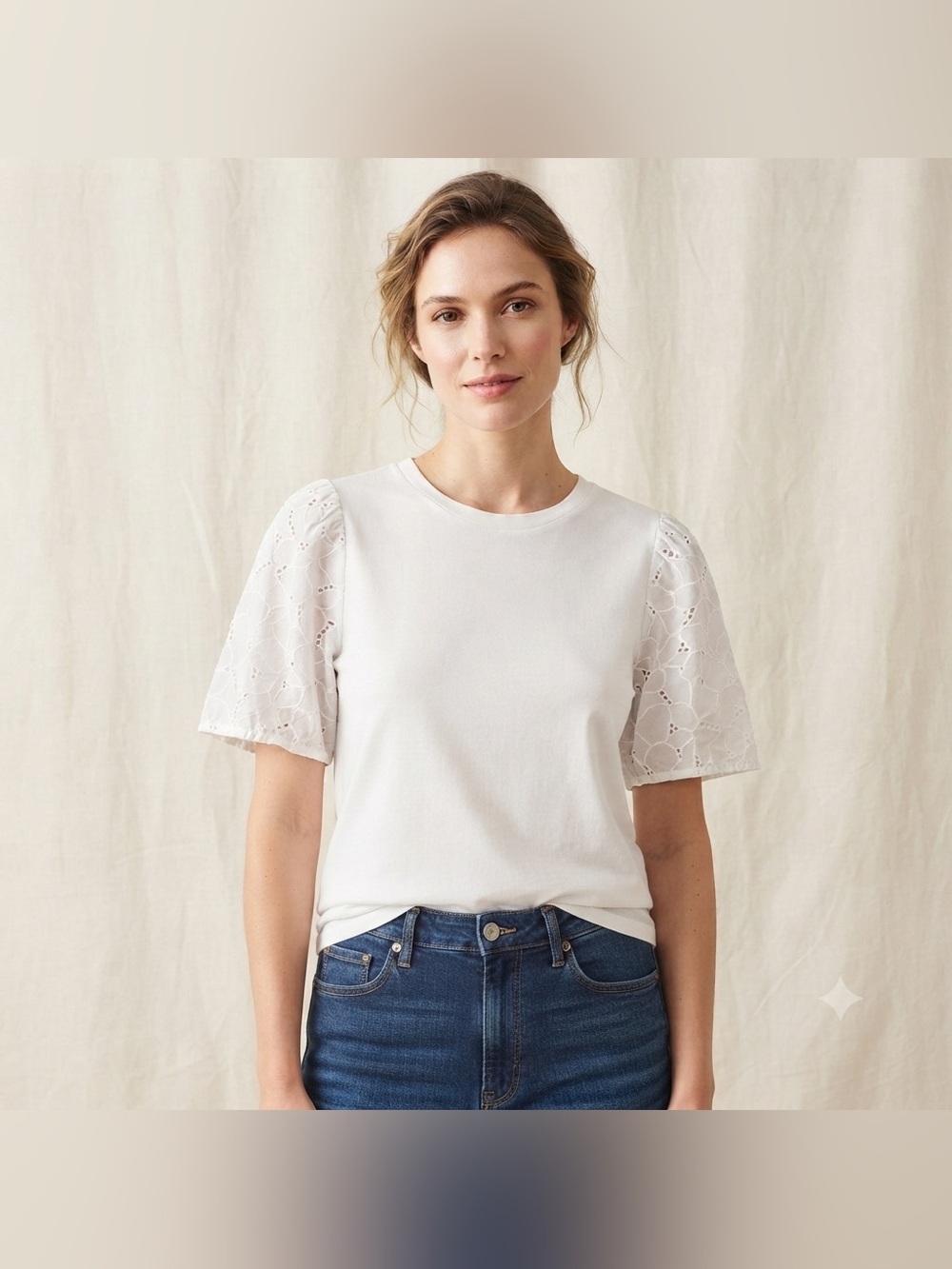 A New Day White Eyelet Puff Sleeve Cotton Crewneck T Shirt Womens Size Large